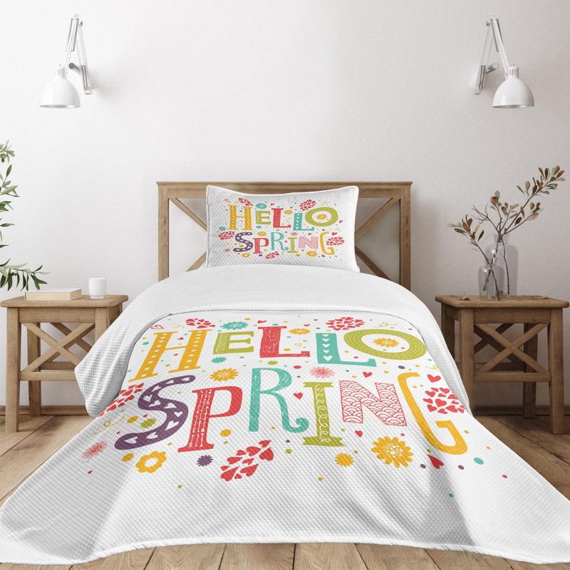 Ambesonne Hello Bedspread Set Colorful Spring Elements Multicolor, Twin Bedspread + 1 Standard Sham