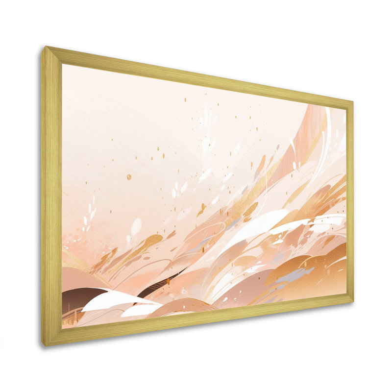 Beige abstrait symétrique sur toile, Encadrement doré, H 16 po x l 32 po x P 1 po
