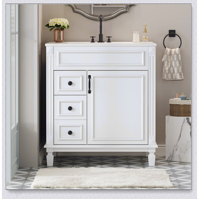 Meuble-lavabo de 30 pouces avec lavabo en céramique, conception compacte, 2 tiroirs et tablette réglable pour les petits espaces