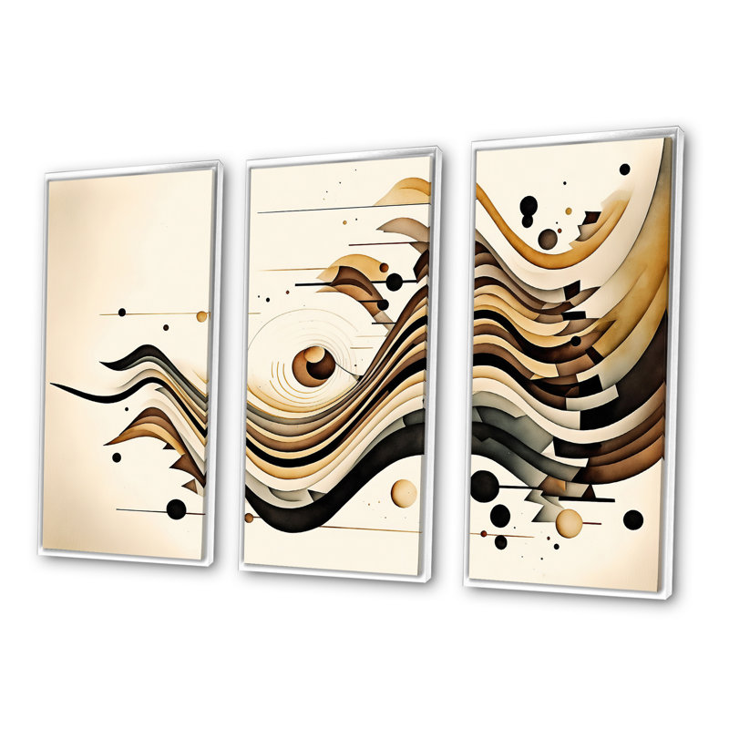 Mouvement brun et noir III - 3 pièces sur toile, H 28 po x l 36 po x P 1 po, Cadre blanc