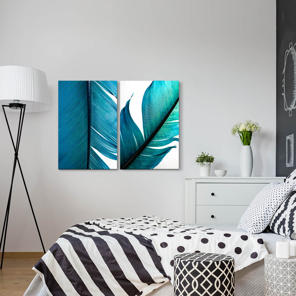 2-tlg. Leinwandbilder-Set - Fotografie „Feather Turquoise Lightness Illuminating Minimal”