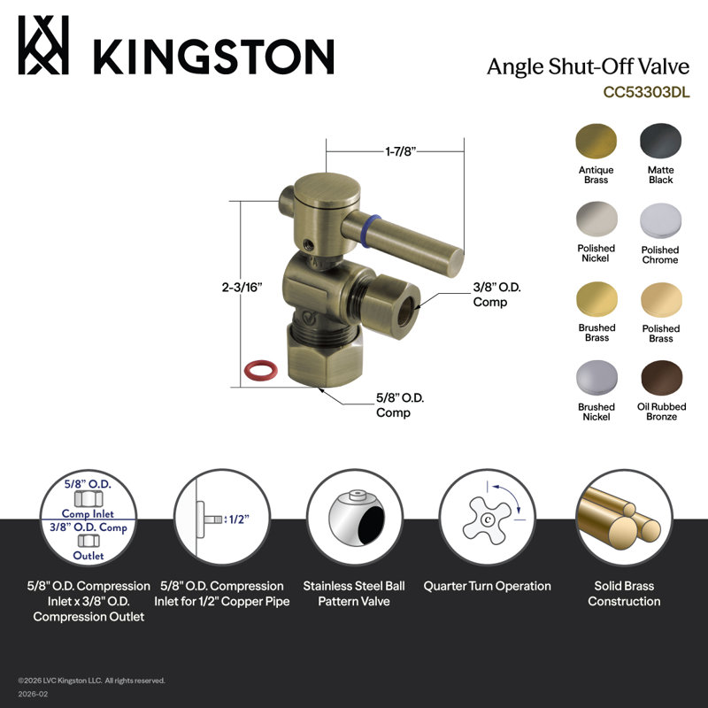 Soupape d'arrêt à angle quart de tour Kingston Compord Kingston 5/8 po x Comp 3/8 po Kingston, Laiton poli