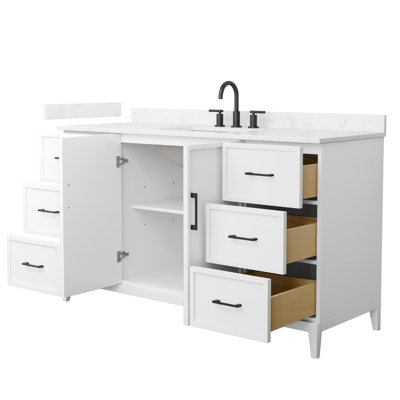 Meuble-lavabo simple 60 po Elan en blanc, comptoir en marbre de culture de Carrare, lavabo carré encastré (3 trous), garniture noir mat