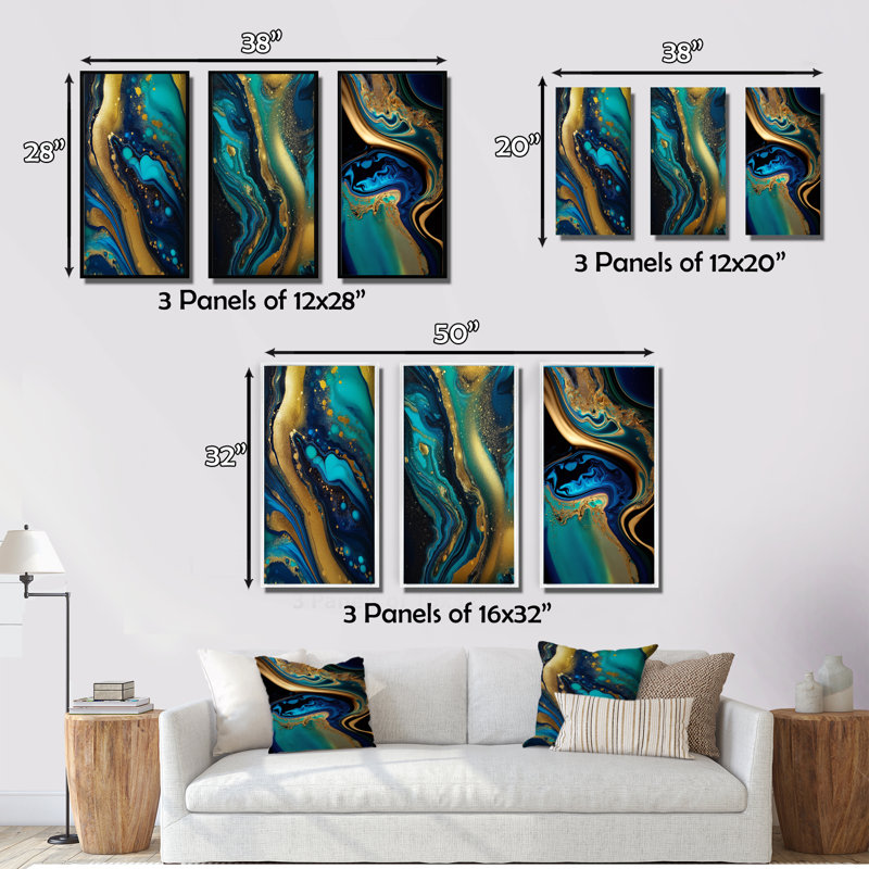 Blue Dreams Liquid Gold And Turquoise Marble I - Abstract Painting Art Set Of 3 Pieces, Cadre noir, H 20 po x l 36 po