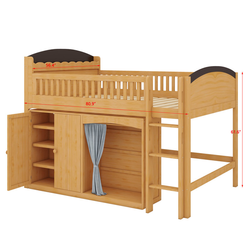Full Size Loft Bed With Storage Cabinet, Wardrobe, And LED Lighting, Solid Wood Loft Bed With Ladder And Guardrails For Teenagers