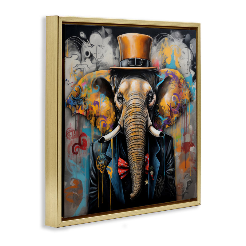 "Urban Graffiti Elephant Grey", art mural sur toile flottante par Lazar Studio, Cadre flottant métallique doré