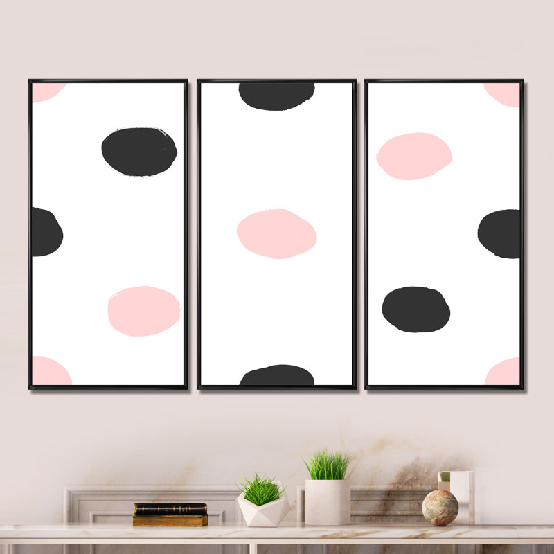 " Pink And Black Polka Dots " 3 - Pieces, Black Framed, 28" H x 36" W x 1" D