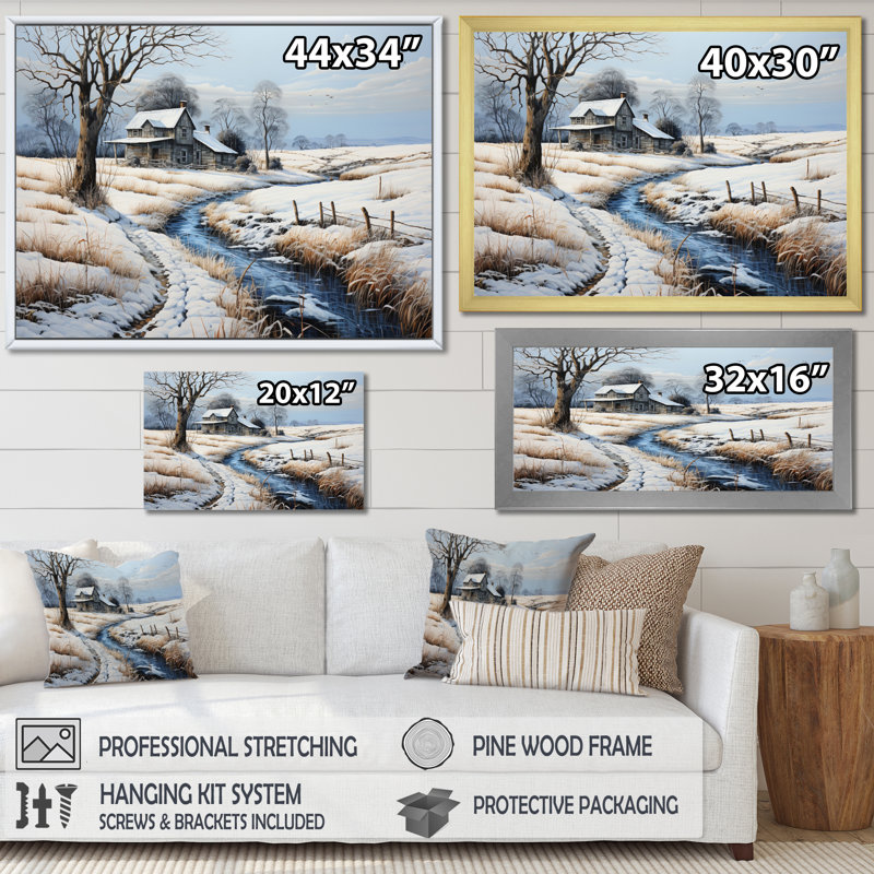 Countryside Winters Touch Patchwork II, reproduction d'art sur toile, Cadre flottant doré, H 12 po x l 20 po x P 1 po