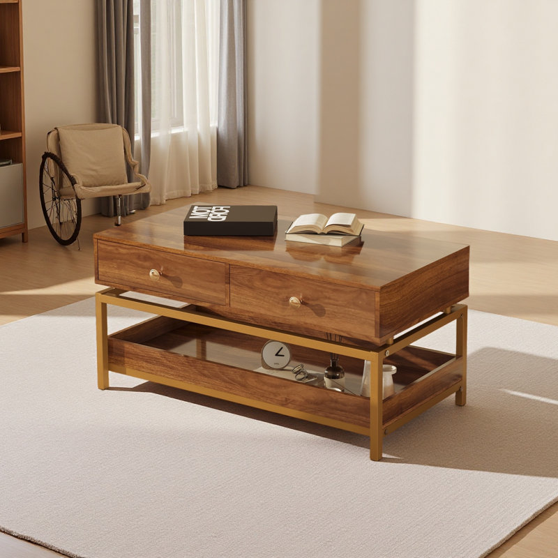 Tables basses pour le salon, table basse moderne de 39,4 po avec 2 tiroirs et tablette ouverte pour le salon, Noyer
