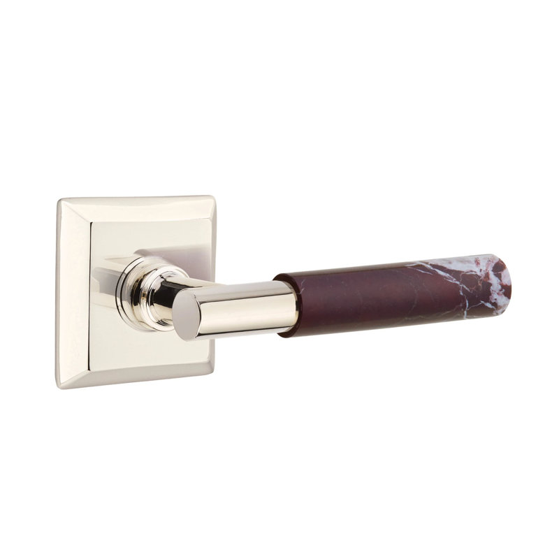 Emtek Select Privacy Leverset w/ Quincy Rosette & T-Bar Stem, Rosso Levanto Marble Lever (CF), Polished Nickel