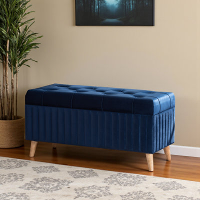 Runa Navy Blue Fabric Upholstered Storage Ottoman with Brown Finish, 18.79" H X 39.18" W X 16.32" D