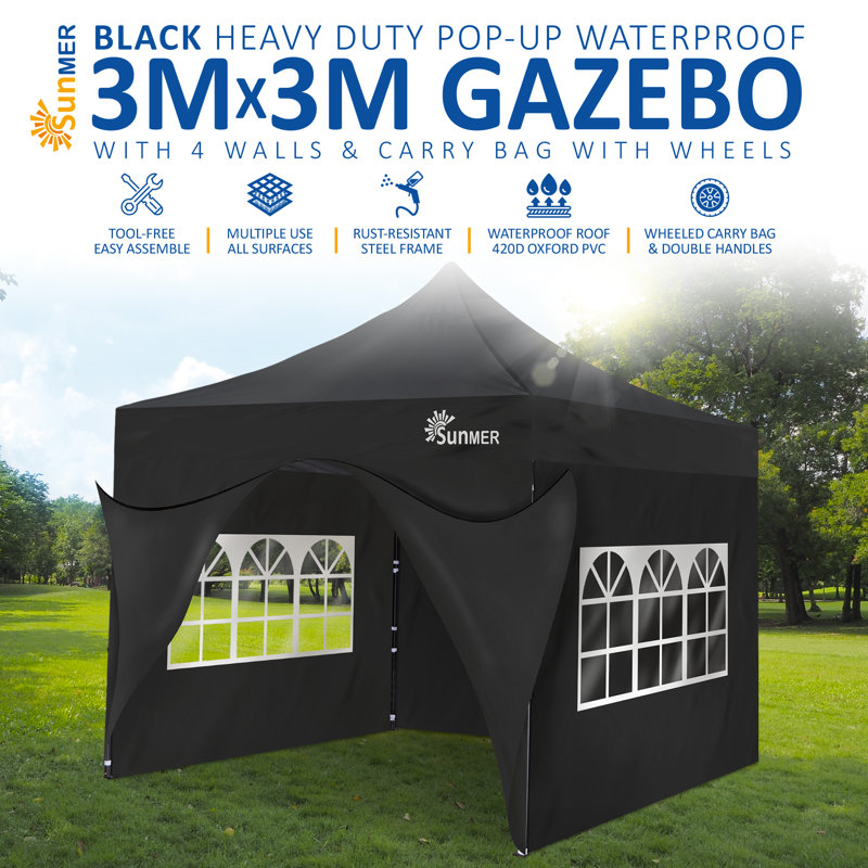 SUNMER 3m x 3m Steel Pop-Up Gazebo with Walls, Black