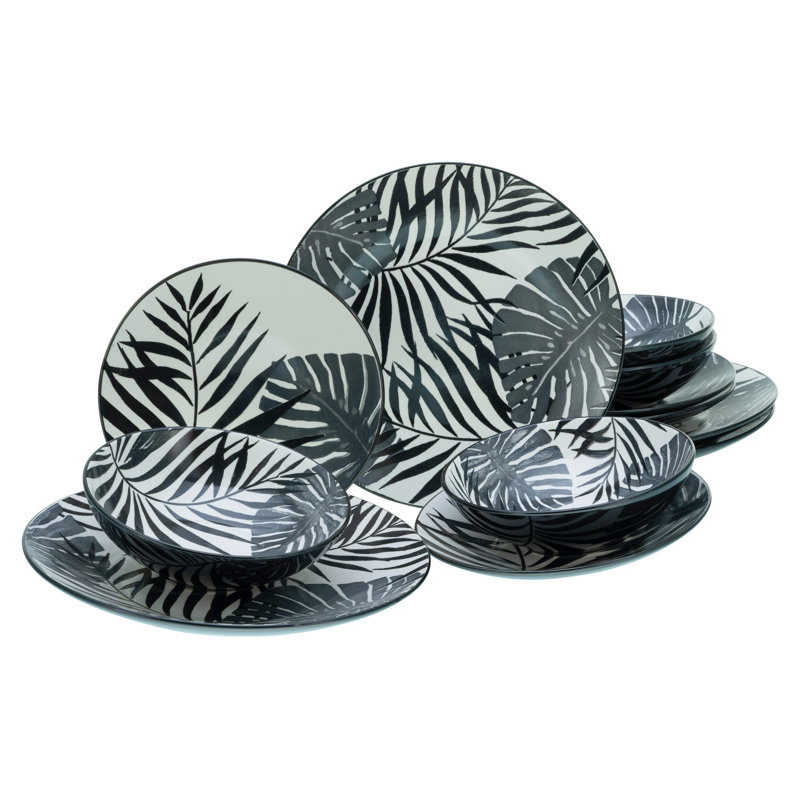 TROPICANA 12 Piece Dinnerware Set, Service for 4, White/Black