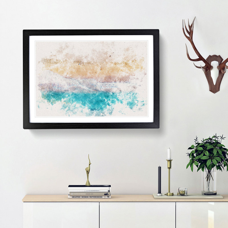 Walking Upon A Beach In Corfu Greece Watercolour - Picture Frame Graphic Art, 35cm H x 50cm W x 2cm D, Black