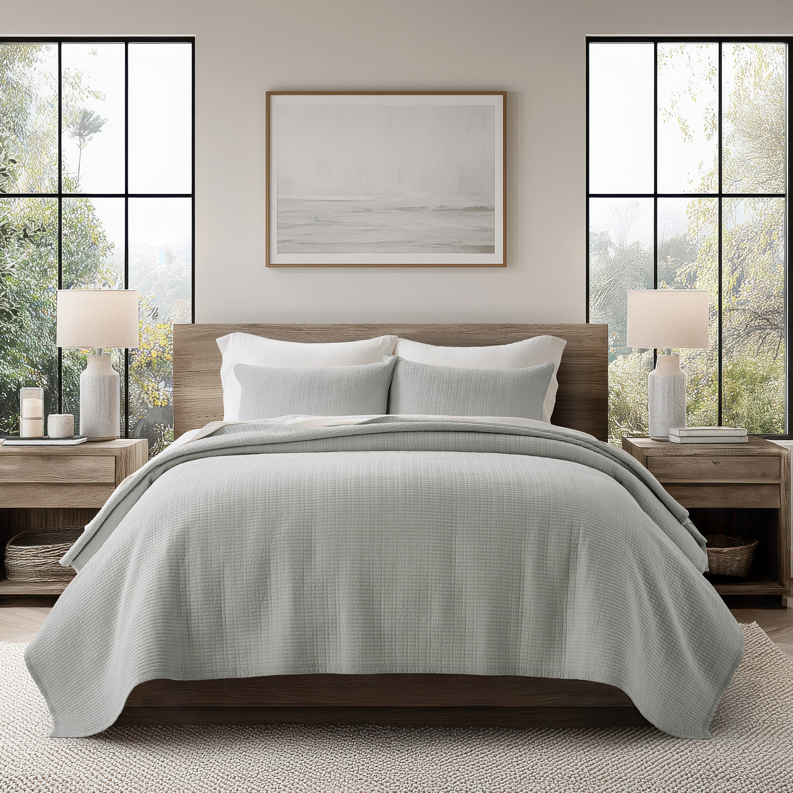 Cotton Quilt Set, Queen Quilt + 2 Shams, Fog Gray