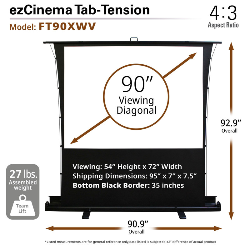 ezCinema Tab-Tension, Portable Floor-Rising Pull-Up Projector Screen, 54" H x 72" W