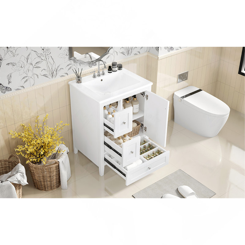 Meuble-lavabo de 24 po avec rangement, tablette réglable, panneau de fibres à densité moyenne et bois d'hévéa, cloisons amovibles, finition blanc brillant
