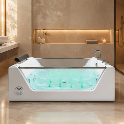 Baignoire balnéo autoportante en acrylique 170 x 71 cm avec chauffe-eau thermostatique, 8 jets d'eau, 8 jets d'air DEL, audio Bluetooth, panneau de commande numérique, appuie-tête et robinetterie inclus, vidange réversible (gauche/droite), blanche