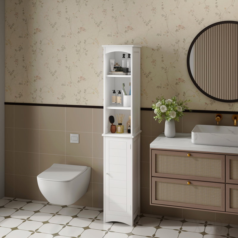 64.17'' Tall Bathroom Storage Cabinet With Adjustable Shelves,Slim 1 Doors Freestanding Cabinet With Anti-Tip, Open Compartments, For Home, Small Spaces, Bathroom,Kitchen,