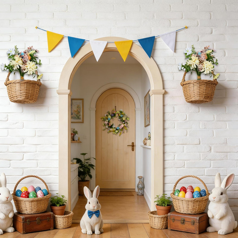 Couronne de fleurs artificielle avec œufs de Pâques et verdure luxuriante pour décor de porte d'entrée printanière