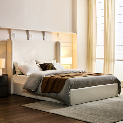 Upholstered King Bed Frame, 52.3" High Headboard, Luxury And Modern Look, Metal Construction, Foam Filled, Quick Assembly With Tall Contemporary Chic Design, Canvas Upholstery, Easy To Assemble, Box