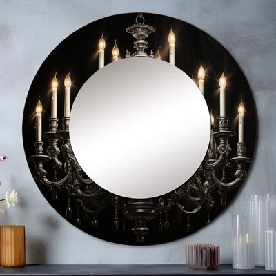 Lustre élégant pointillisme monochrome II - miroir mural unique en forme de lustre, miroir rond gris, impression d'art en métal