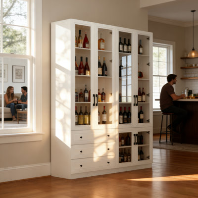 3 Drawers White Wine Bar Cabinet With Glass Doors & 7-Color Lights