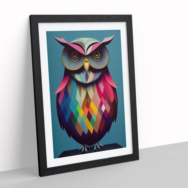Geometric Owl No.5 Abstract - Single Picture Frame Print, Black, 64cm H x 46cm W x 2cm D
