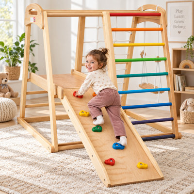 7-in-1 Solid Beech Wood Indoor Kids Jungle Gym with Slide, Monkey Bars, Climbing Net, Swing & Drawing Board