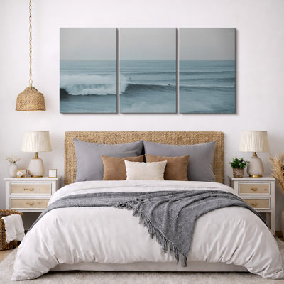 Coastal Beach Nautical Rushing Ocean Waves Surfing Modern Beachy Photos Framed Canvas 3 Pieces Print Wall Art