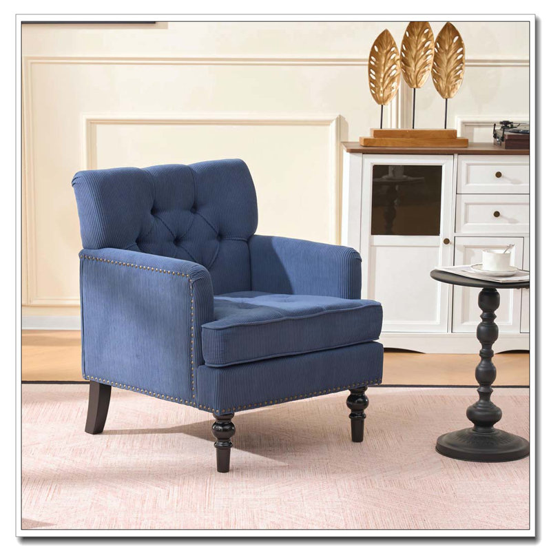 Fauteuil rembourré avec boutons, canapé en tissu de lin pour la chambre à coucher, Bleu
