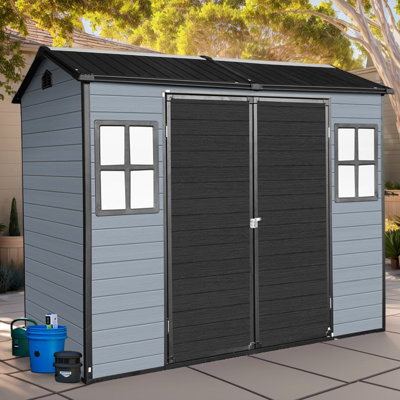 Rangement extérieur en résine 8 po x 4 pi avec plancher, 2 fenêtres, porte verrouillable, idéal pour l'équipement de jardin et un abri pour animaux de compagnie, gris et noir, plastique double couche, remise en plastique Easy Up Two, cadre de jardin en acier