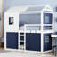 Lit superposé simple avec tente bleue et blanche, conception de style cabane dans les arbres, bois massif et matériau, activités de rangement spacieuses, décoration de chambre à coucher