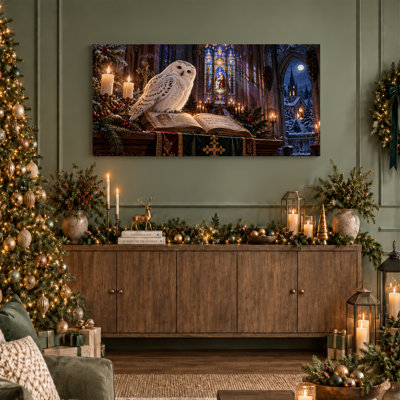 «Snowy Owl on Open Bible in Stain Glass Church», art mural sur toile