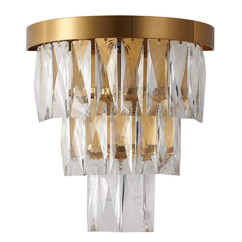 Transitional 1-Light Satin Brass Wall Sconce With Clear Hanging Crystals
