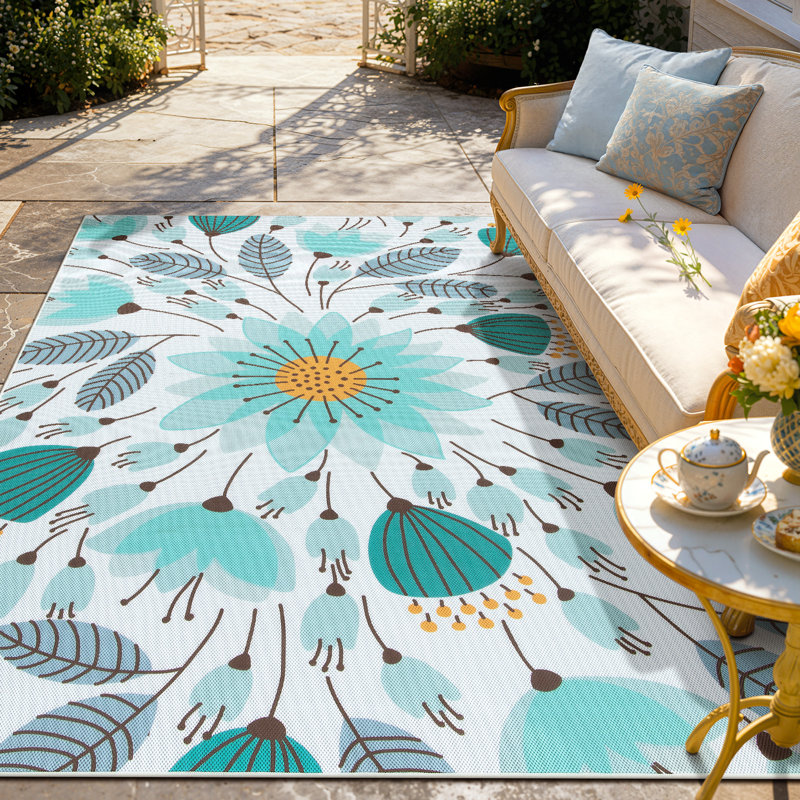 Tapis d'extérieur à motif floral lavable bleu 6X9 Frankin, Rectangle 6 pi x 9 pi