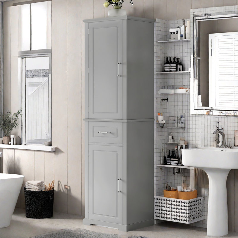 Grande armoire de rangement pour salle de bain avec 2 portes de tailles différentes, une tablette réglable, une étagère de porte et un tiroir