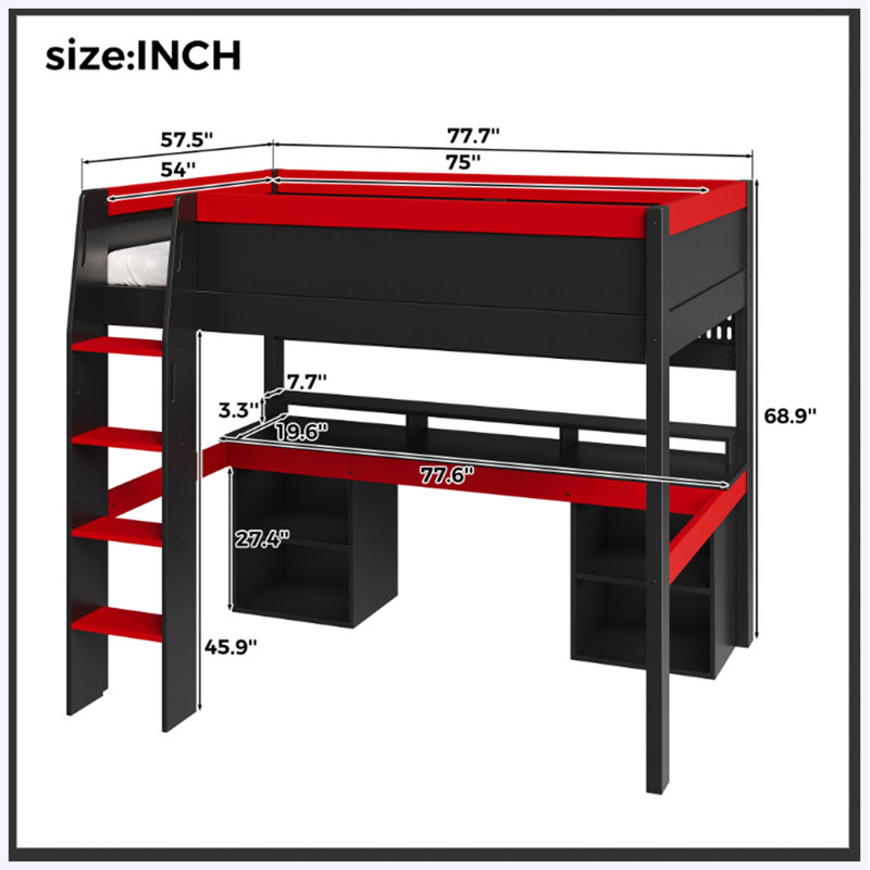 Lit mezzanine double Loft, Noir et rouge