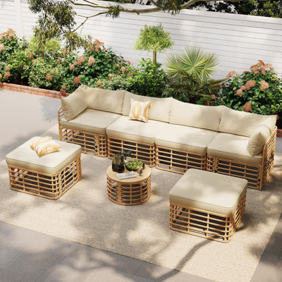 7 Pieces Outdoor Patio Furniture, All-Weather Rattan Sectional Sofa Set with Thick Cushions and Pillows, Freely Combined Conversation Sets for Garden, Backyard, Balcony, Brown