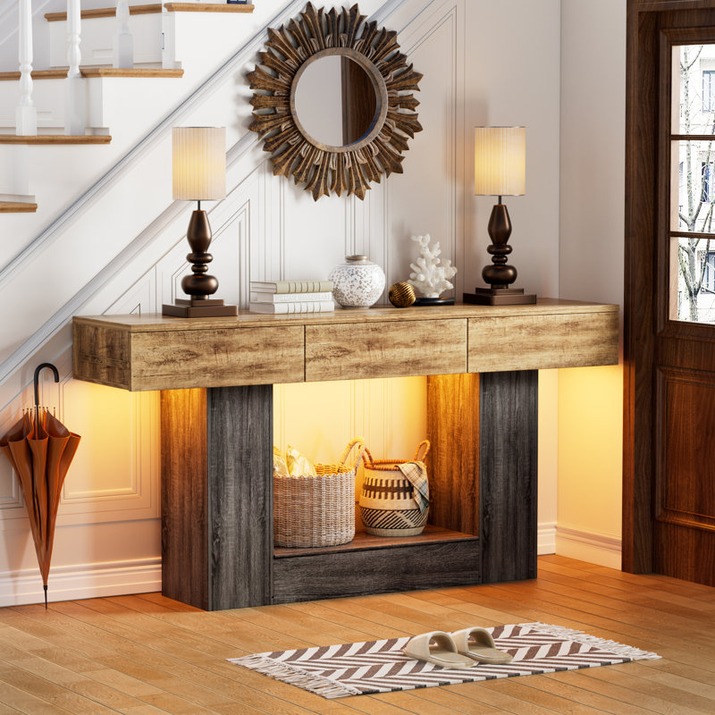 63'' Farmhouse Wood Console Table With Drawers And Hidden Storage Compartment, Long Entryway Sofa Table With Rgb Led Lights For Living Room, Hallway, Foyer