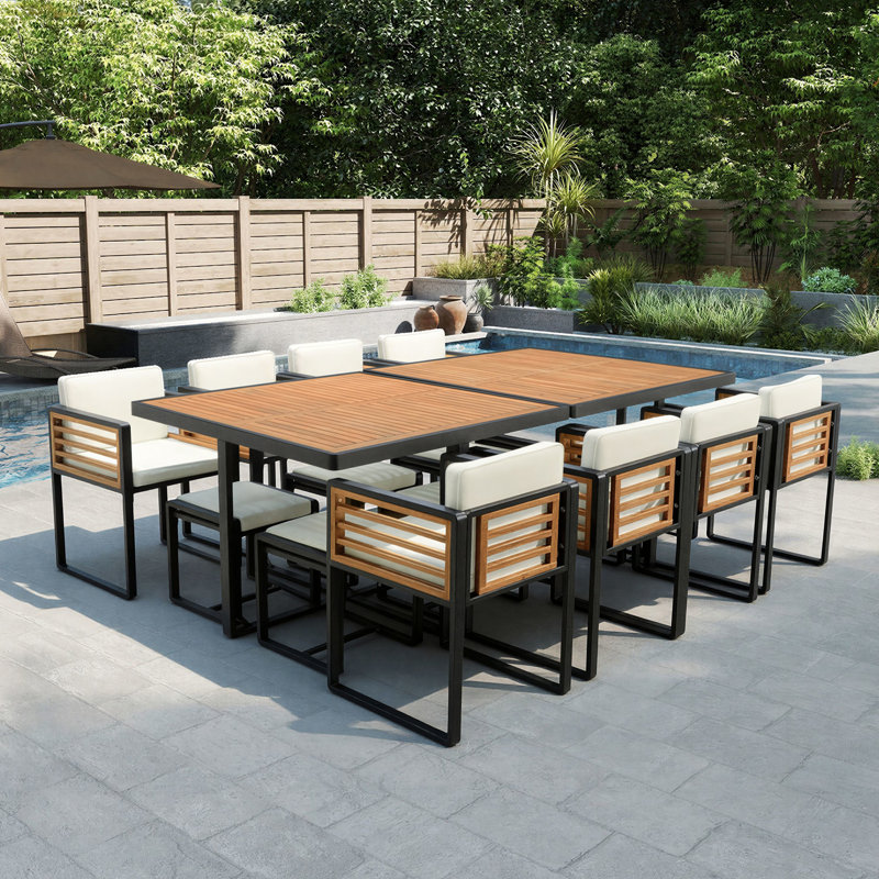 Ensemble de patio 18 pièces en bois d'acacia avec coussins - salle à manger pour 8 personnes, Beige