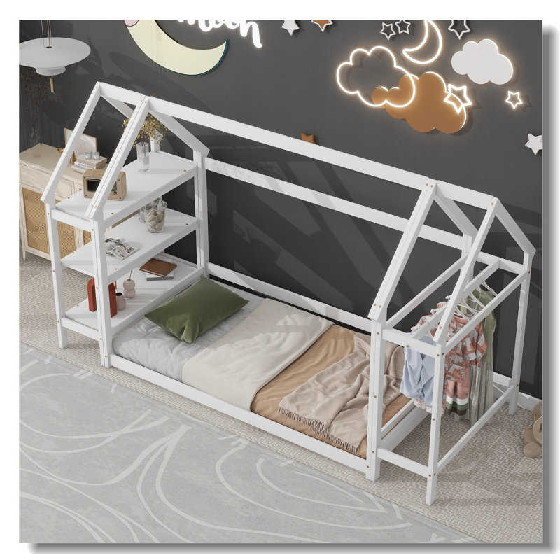 Lit simple en bois avec étagère de rangement et cintre, ensemble de chambre à coucher pour enfants, Blanc / Blanc