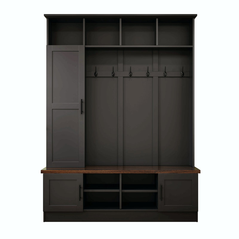 Versatile 3-In-1 Hall Tree With 6 Hooks, Farmhouse Walnut Storage Bench With Adjustable Shelves, 55"W Entryway Coat Rack With Multiple Storage Space For Mudroom, Hallway