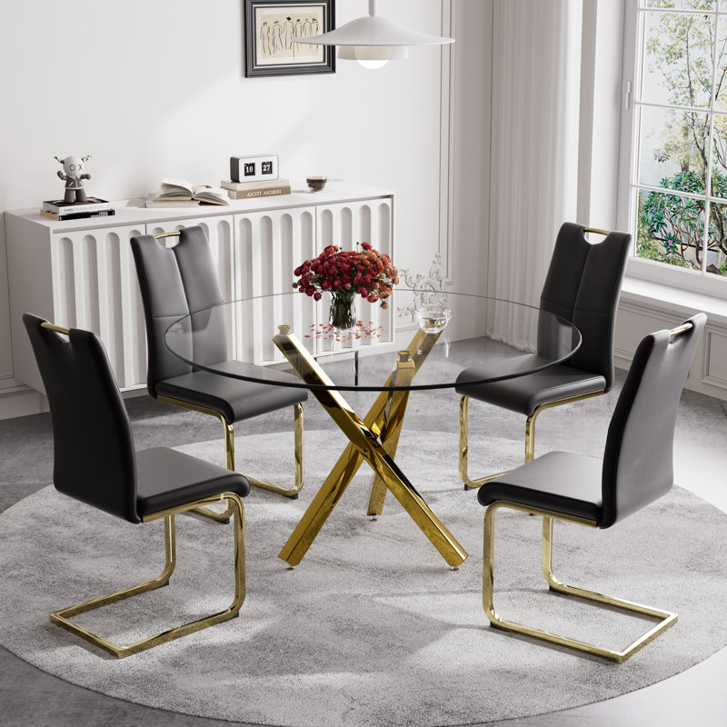 Ensemble de salle à manger 5 pièces, table et 4 chaises, H 29,52 po x L 47,2 po x l 47,2 po, Noir, Or
