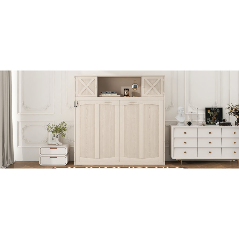 Grands lits escamotables avec rangement, panneau de fibres à densité moyenne en bois massif, beige rustique