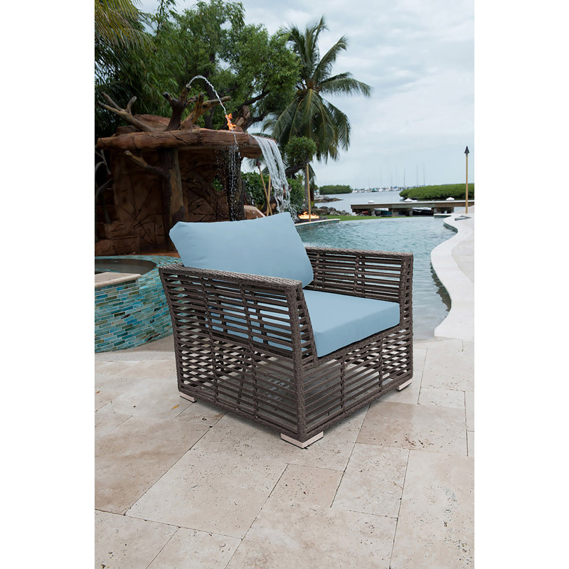 Graphite Wicker Outdoor Lounge Chair with Cushions, Canvas Air Blue Sunbrella® Canvas