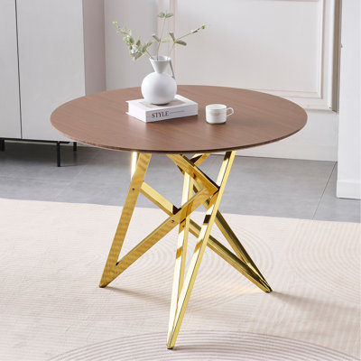 Table de salle à manger ronde de 37 pouces, petite table de cuisine ronde avec pieds en métal doré, convenant à 2 à 4 personnes, table de salle à manger moderne, brun, couleur noyer.