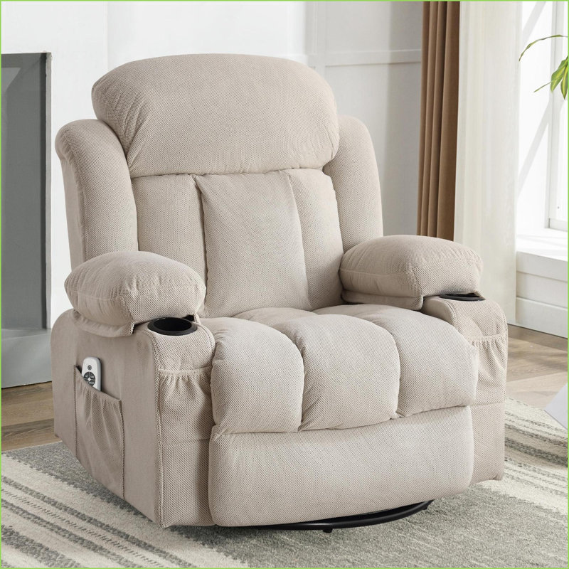 Recliner Sofa with Heated Massage, USB Port, 2 Cup Holders &amp; Side Pockets | Beige | Metal &amp; Wood Frame, Beige