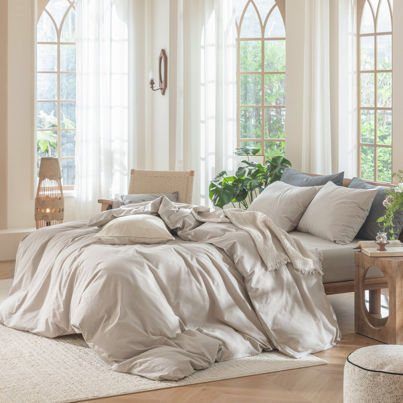 MooMee Lightweight Duvet Cover Set with Zipper Closure 8 Ties 100% Washed Cotton Linen Like Textured Soft Breathable All-Season