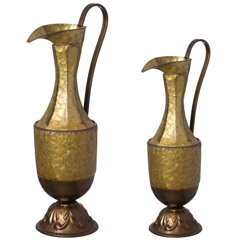 Antique Style 1 Handle Metal Jug Tall Floor Vase For Entryway, Living Room Or Dining Room, 26.25" H x 13" W x 8.75" D